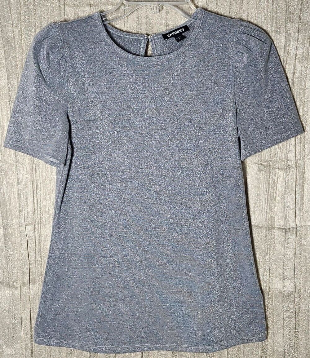 Express Womens Small Silver Gray Metallic Puff Sleeve Top Round Neck Knit Blend
